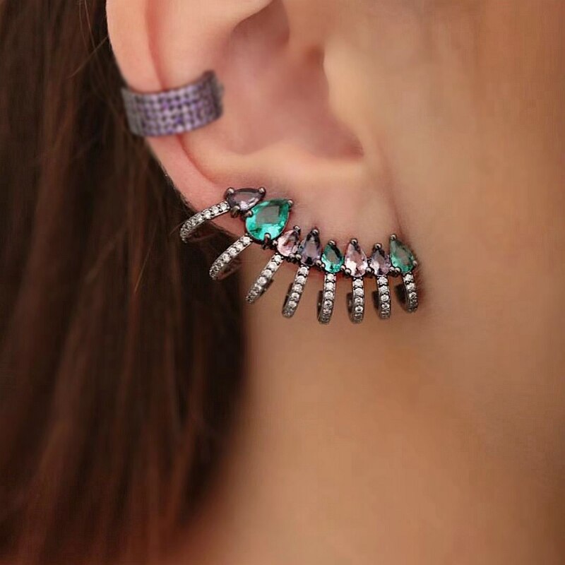 Colorful Women Ear Cuff Earrings Full Pave Cubic Zirconia