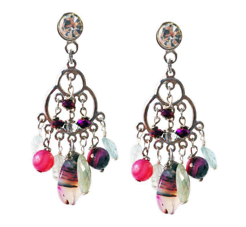 Chandelier Earrings with aquamarine stones and pink agate stones. Long