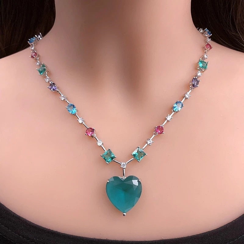 Colorful Heart-shaped Pendant Necklace Cubic Zirconia
