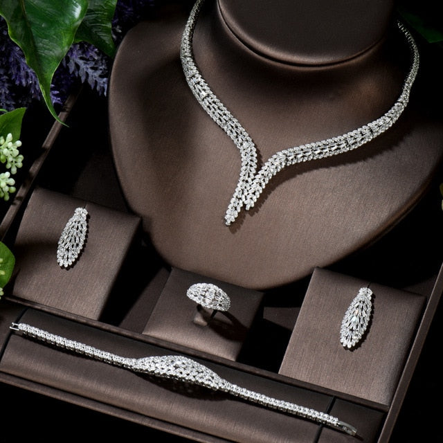 Bridal Leaf Pendant Jewelry Set 4 Pcs Earring Necklace Ring Bracelet