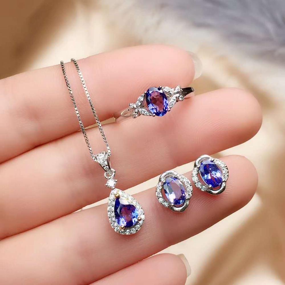 Natural Tanzanite jewelry set 925 sterling silver pendant ring Earring